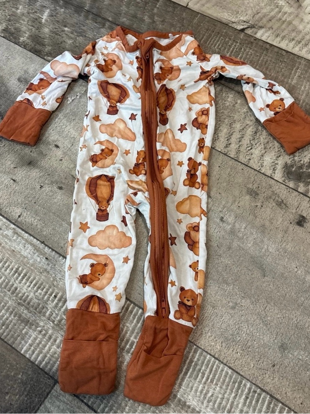 Rust Bear & Hot Air Balloon Footed One-Piece for Kids
